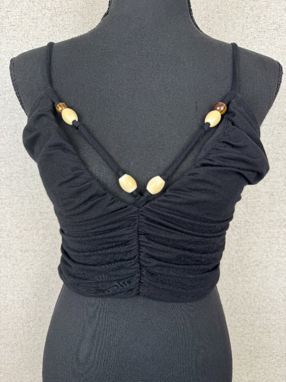 Zara Black Ruched Crop Top Beaded‎ Strap Detail Y2K Fitted Stretch